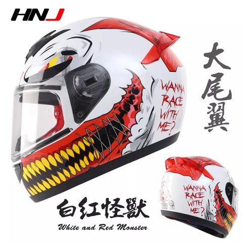 White & Red Monster HNJ Motorcycle Helmet with Black Visor