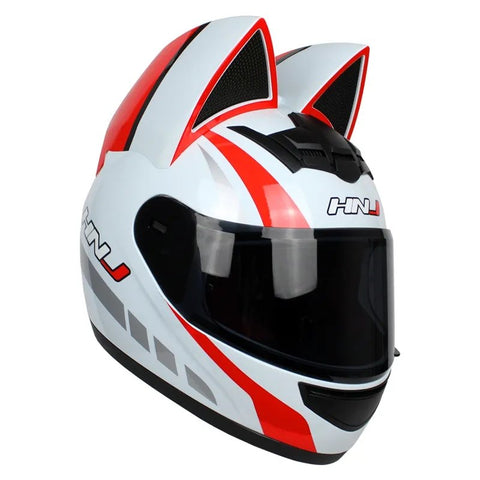 White, Red & Silver HNJ Motorcycle Helmet with Cat Ears & Black Visor