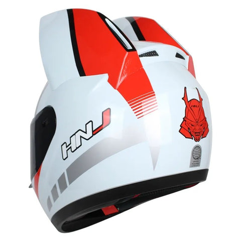 White, Red & Silver HNJ Motorcycle Helmet with Cat Ears & Black Visor