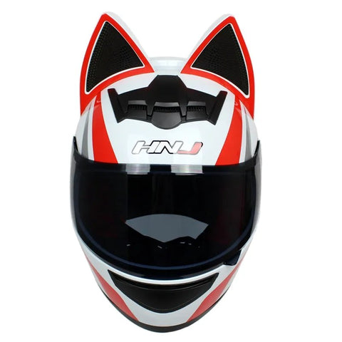 White, Red & Silver HNJ Motorcycle Helmet with Cat Ears & Black Visor