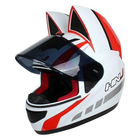 White, Red & Silver HNJ Motorcycle Helmet with Cat Ears & Black Visor