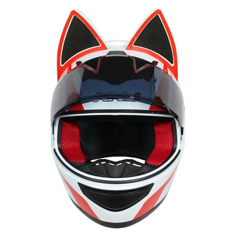 White, Red & Silver HNJ Motorcycle Helmet with Cat Ears & Black Visor