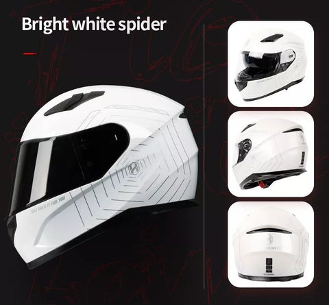 White & Silver Spider Web HNJ Motorcycle Helmet with Clear Visor