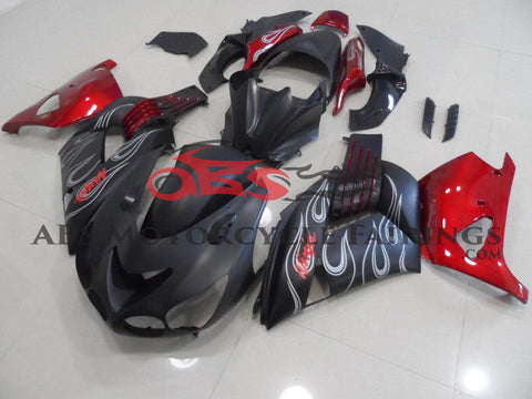 Fairing kit for a Kawasaki Ninja ZX14R (2006-2011) Matte Black, Candy Apple Red & Silver Flames