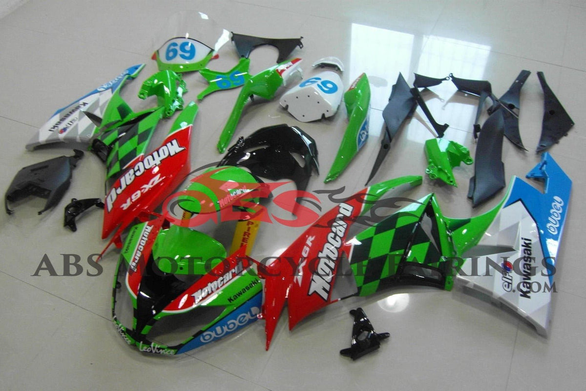 Fairing kit for a Kawasaki Ninja ZX6R 636 (2009-2012) Red, Green, White, Blue & Black Motocard