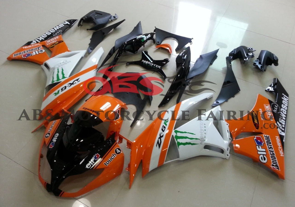 Fairing kit for a Kawasaki Ninja ZX6R 636 (2009-2012) Orange & White Monster Energy