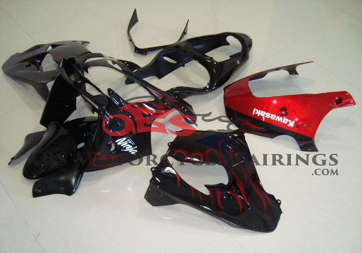 Fairing Kit for a Kawasaki ZX-9R (2000-2001) Black & Candy Apple Red Flames